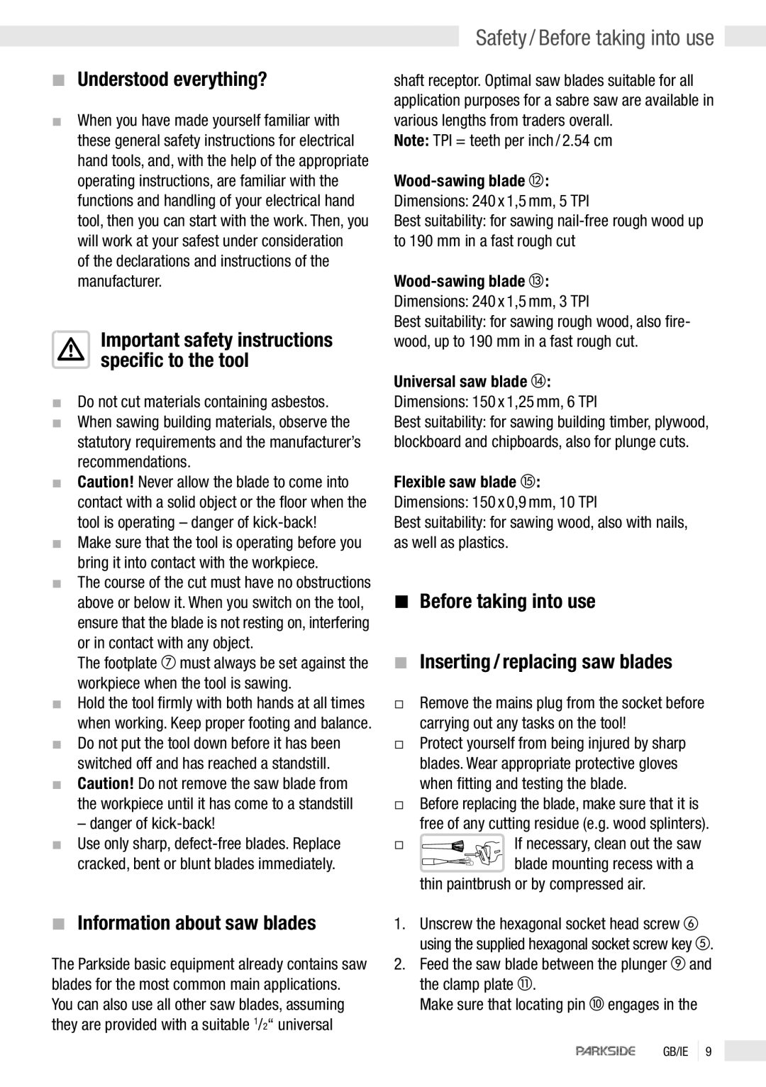 Parkside PFS 710 manual Safety / Before taking into use, Understood everything?, Information about saw blades 